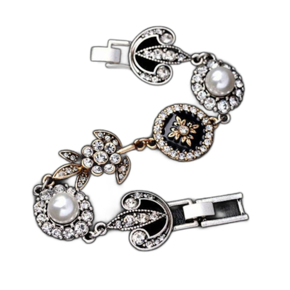 Sparkling Rhinestone Bracelet NEW Pearl Black Enamel Wedding Date Night Jewelry